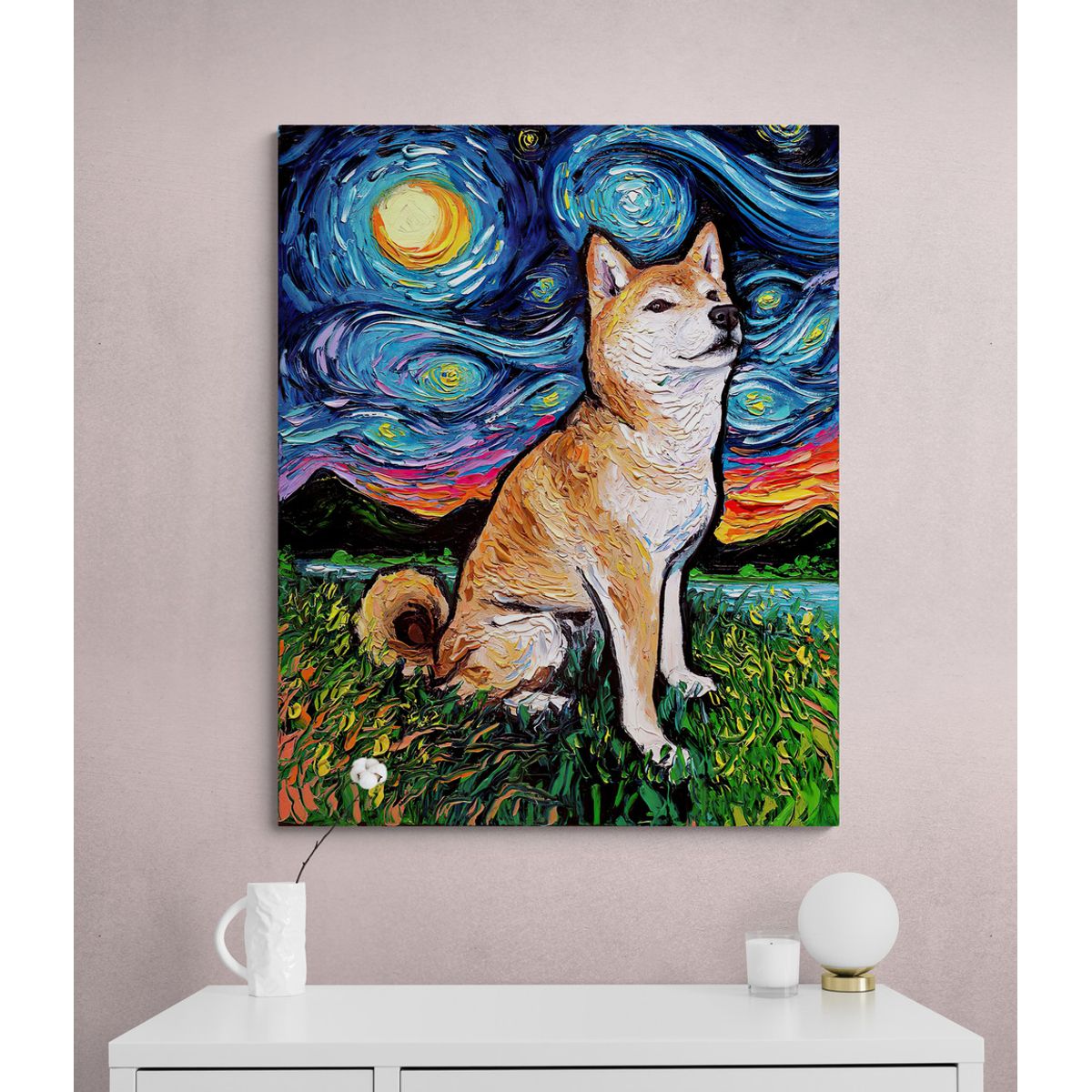 TAYRONA STORE - Cuadro Lienzo Habitacion Noche Estrellada Perro Shiba Inu Night 2 60x75cm