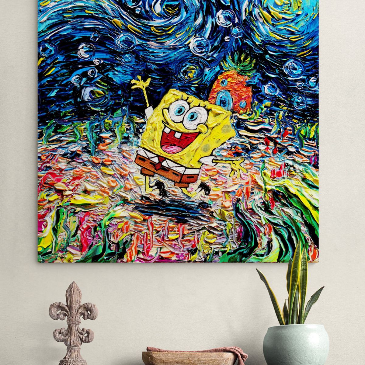 TAYRONA STORE - Cuadro Lienzo Para Habitaciones Noche Estrellada Bob Esponja 90x90cm