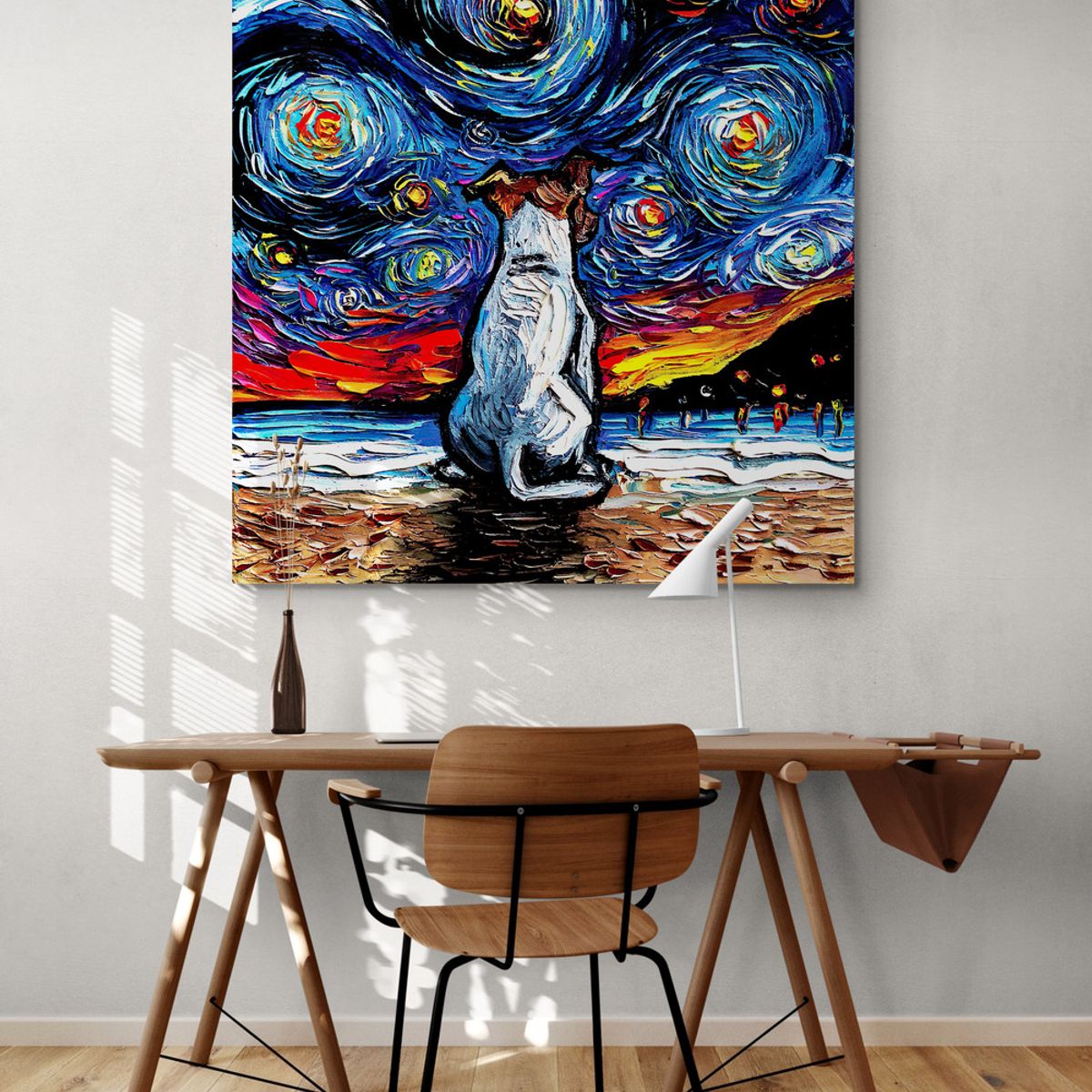 TAYRONA STORE - Cuadro Lienzo Habitacion Noche Estrellada Perro Jack Russel Terrier 50x50cm