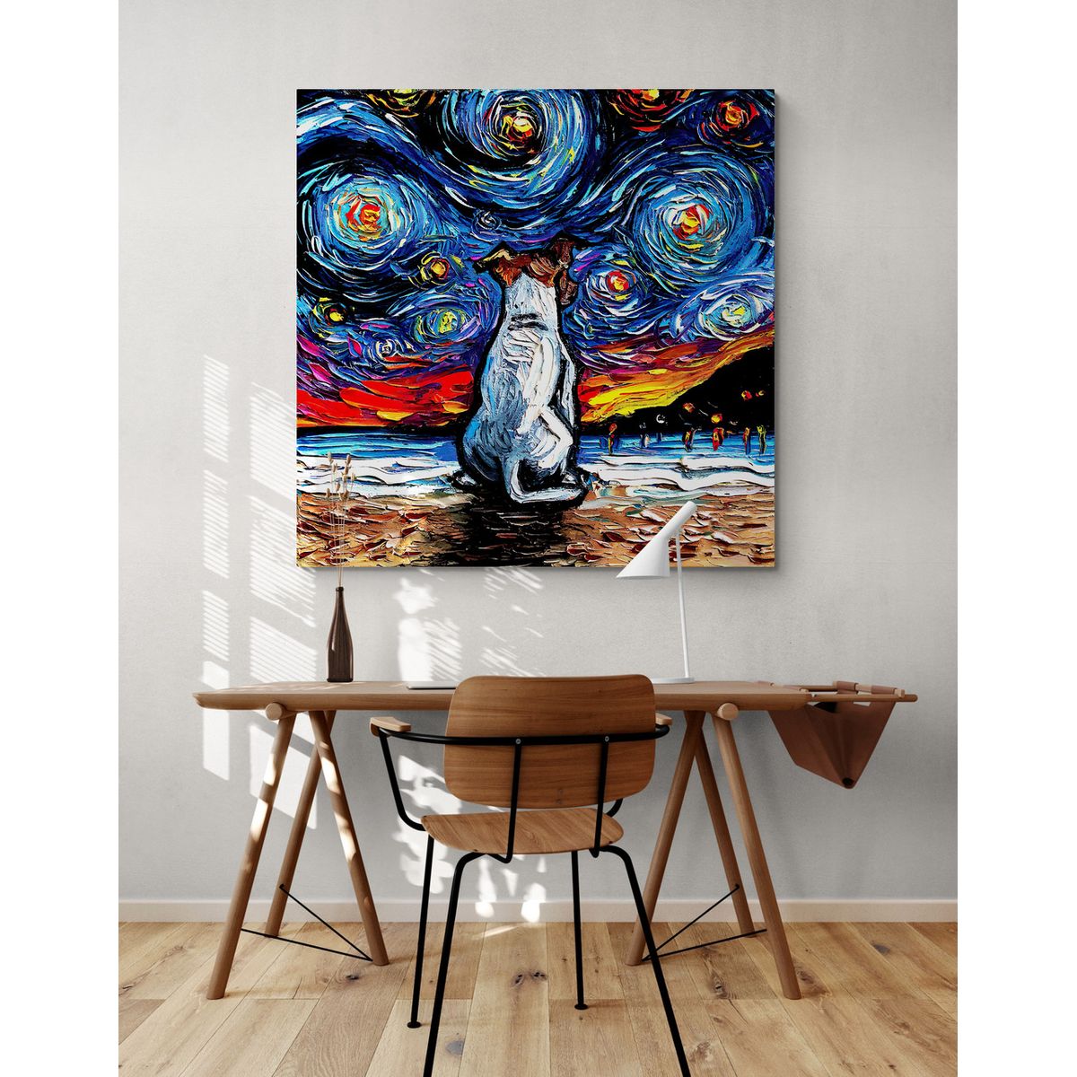 TAYRONA STORE - Cuadro Lienzo Habitacion Noche Estrellada Perro Jack Russel Terrier 50x50cm