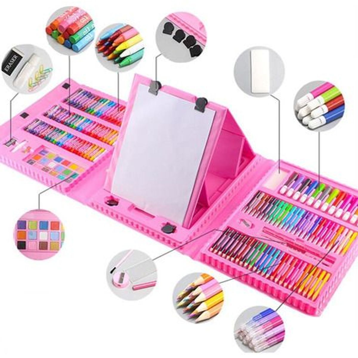 GENERICO - Set Kit Arte Niños Maleta Acuarela Plumon 208 Piezas ROSADO