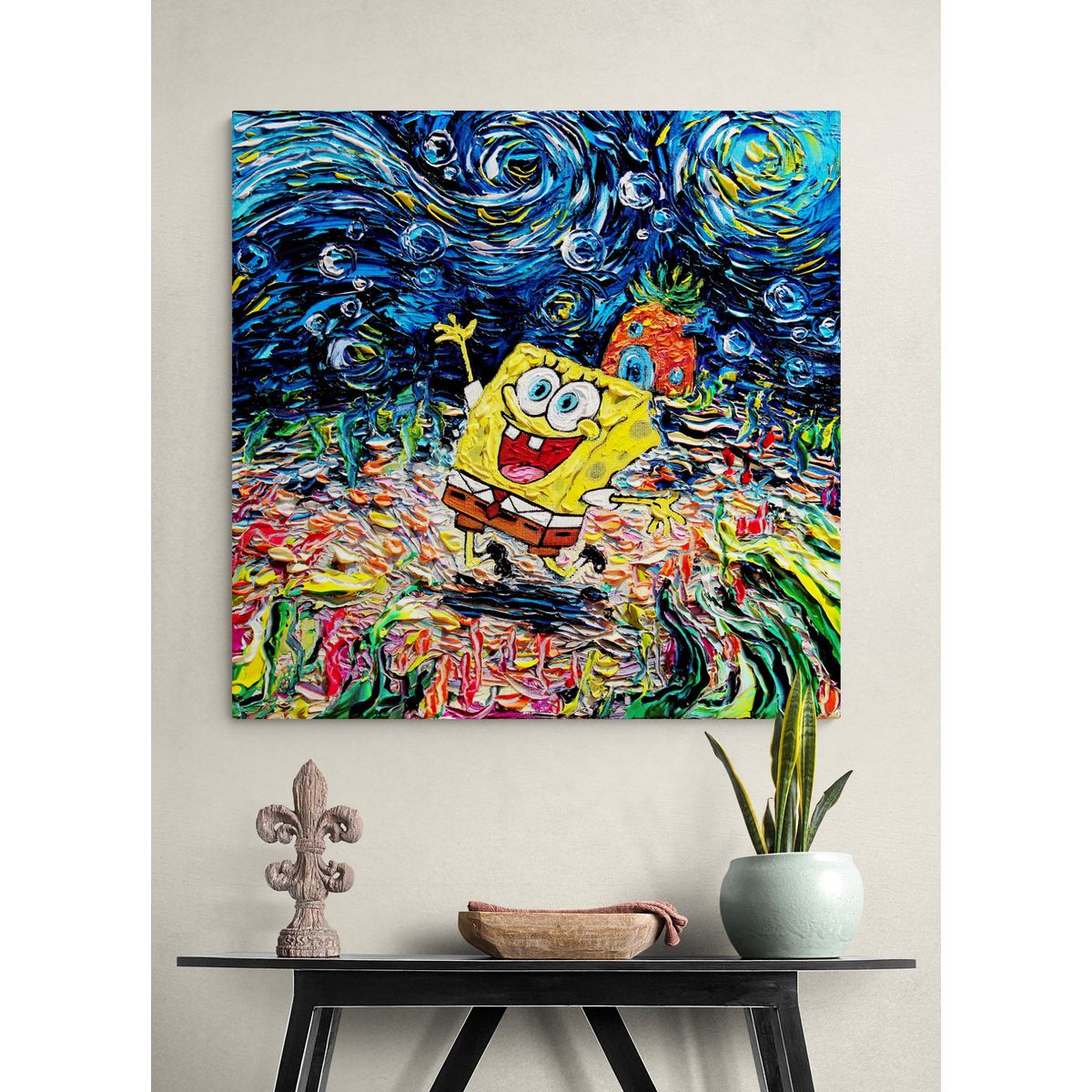 TAYRONA STORE - Cuadro Lienzo Para Habitaciones Noche Estrellada Bob Esponja 80x80cm