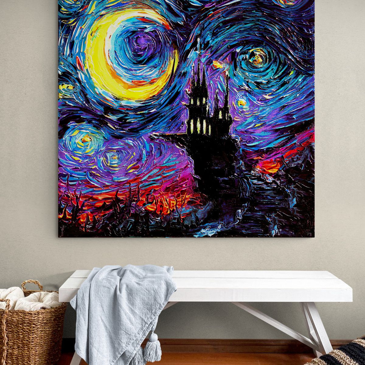 TAYRONA STORE - Cuadro Lienzo Para Habitaciones Noche Estrellada Castillo 01 90x90cm