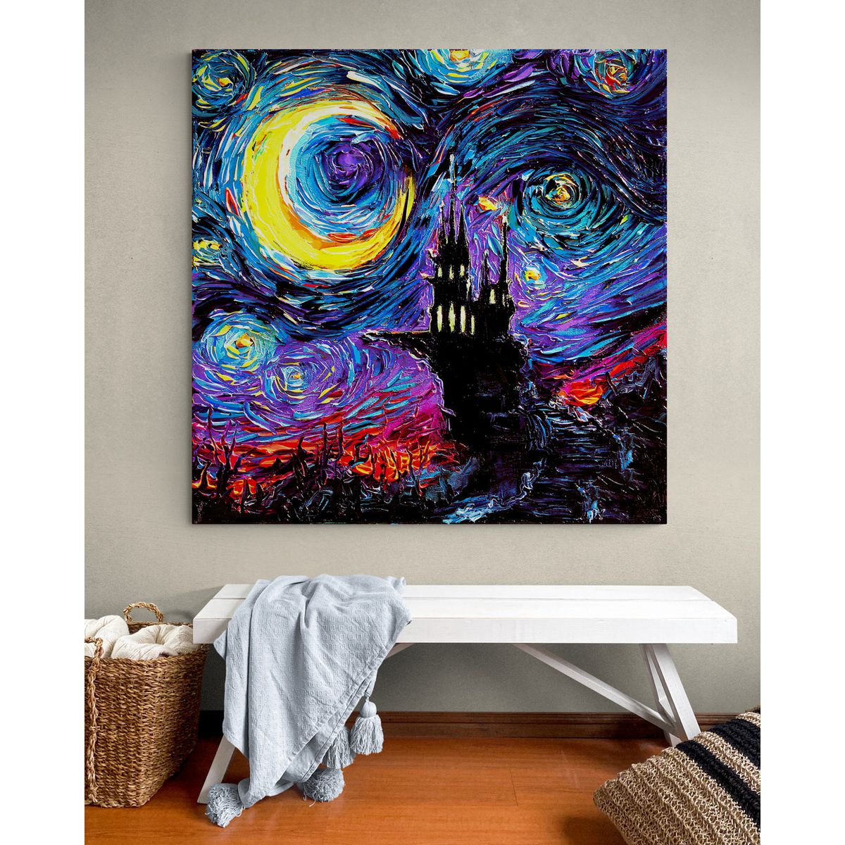 TAYRONA STORE - Cuadro Lienzo Para Habitaciones Noche Estrellada Castillo 01 90x90cm