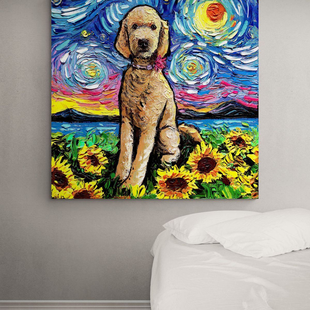 TAYRONA STORE - Cuadro Lienzo Habitacion Noche Estrellada Perro GoldDoodle Night 2 70x70cm