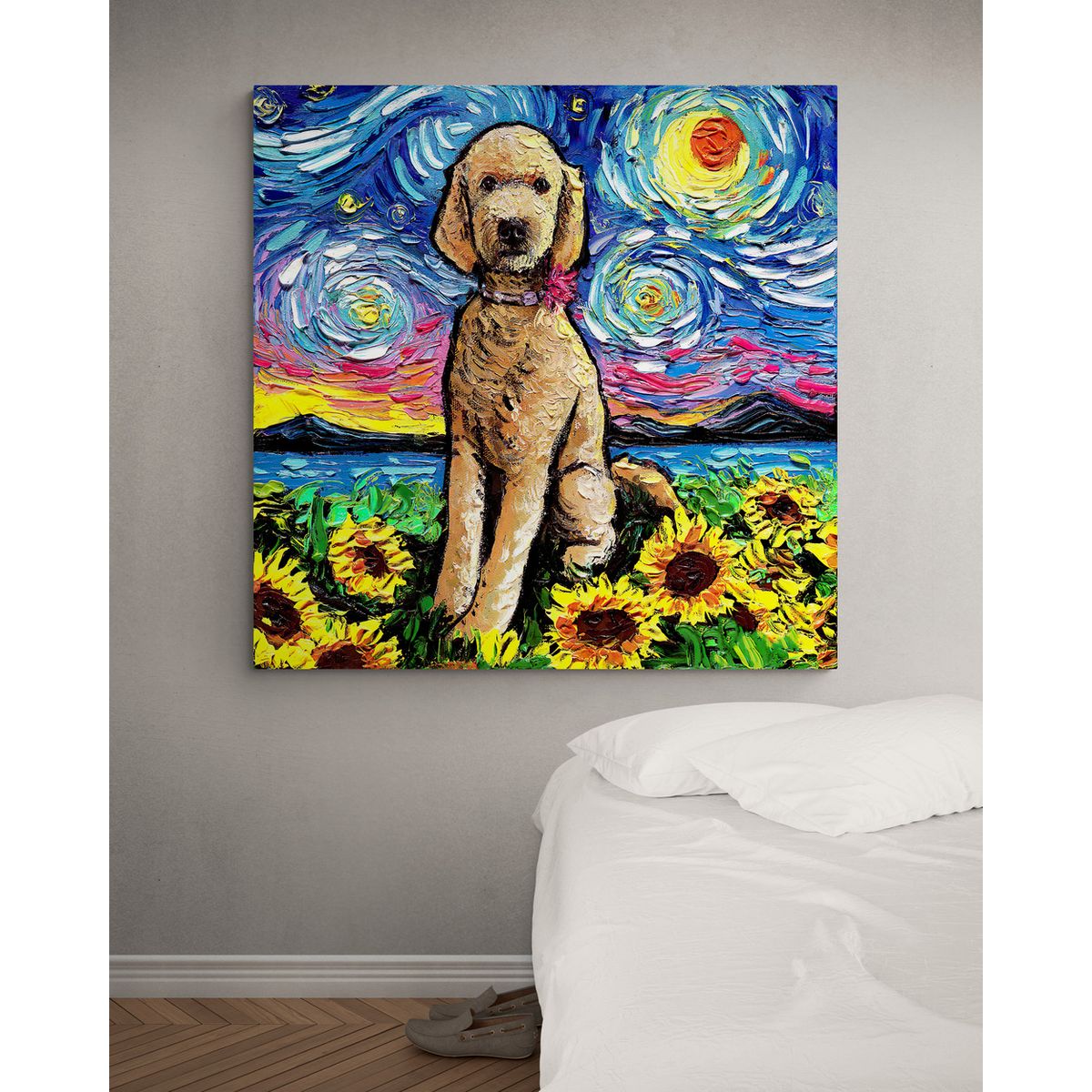 TAYRONA STORE - Cuadro Lienzo Habitacion Noche Estrellada Perro GoldDoodle Night 2 70x70cm