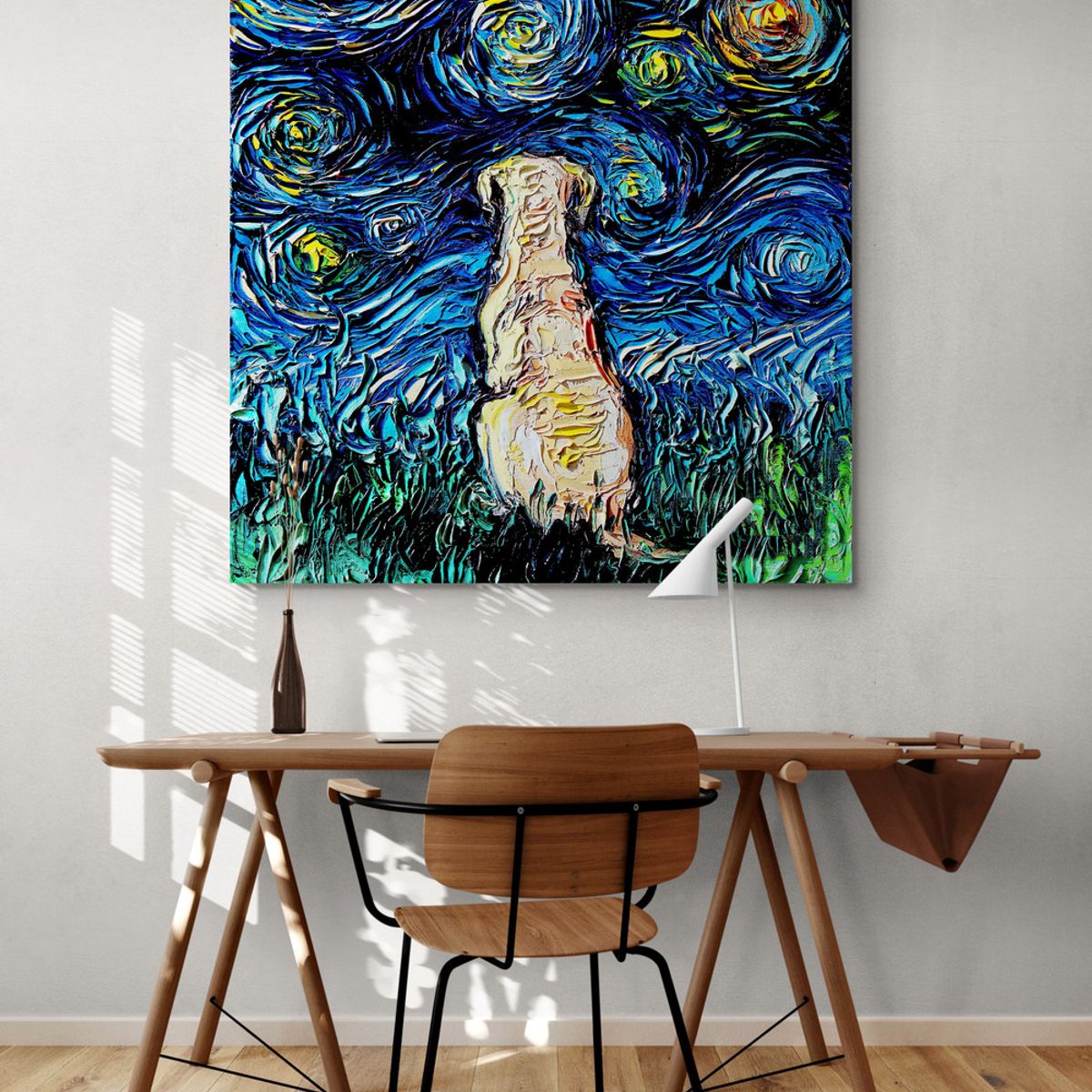 TAYRONA STORE - Cuadro Lienzo Habitacion Noche Estrellada Perro Labrador Amarillo 02 80x80cm