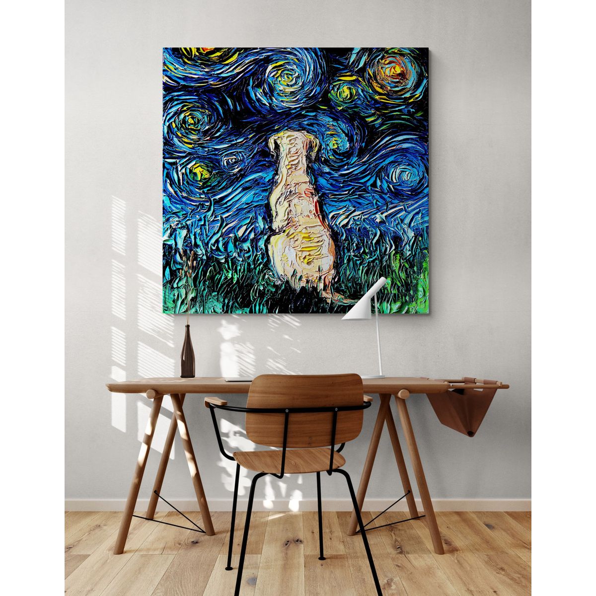 TAYRONA STORE - Cuadro Lienzo Habitacion Noche Estrellada Perro Labrador Amarillo 02 80x80cm