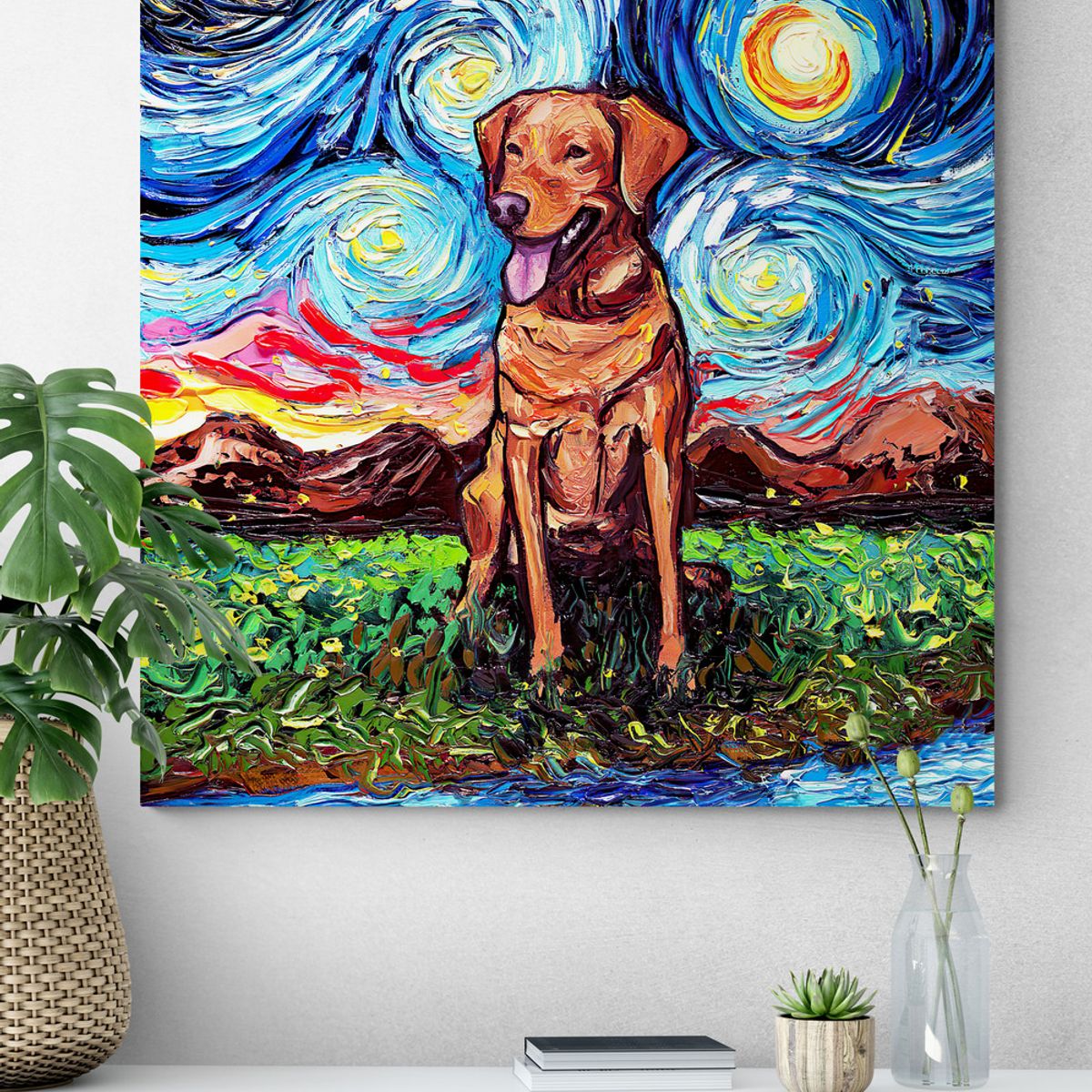 TAYRONA STORE - Cuadro Lienzo Habitacion Noche Estrellada Perro Fox Red Labrador Night 90x90cm