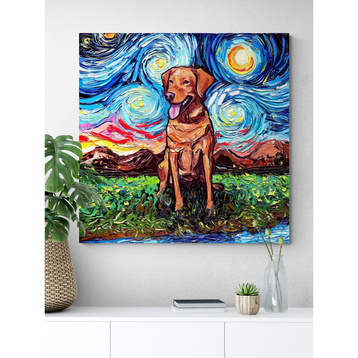 TAYRONA STORE - Cuadro Lienzo Habitacion Noche Estrellada Perro Fox Red Labrador Night 90x90cm