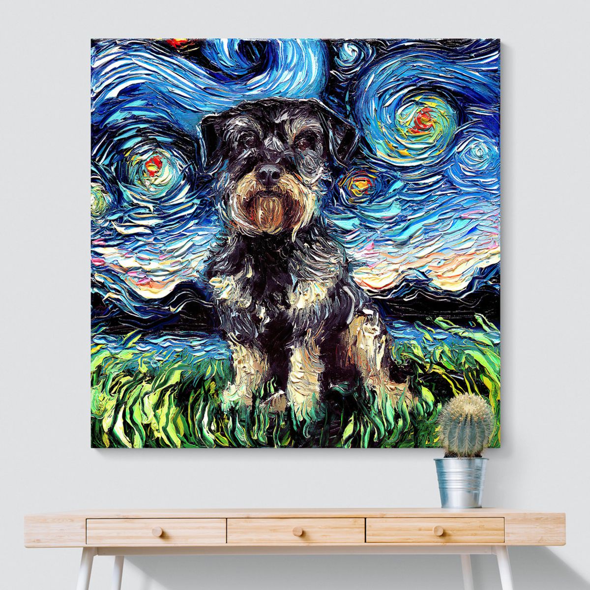 TAYRONA STORE - Cuadro Lienzo Habitacion Noche Estrellada Perro Schnoodle Night 60x60cm