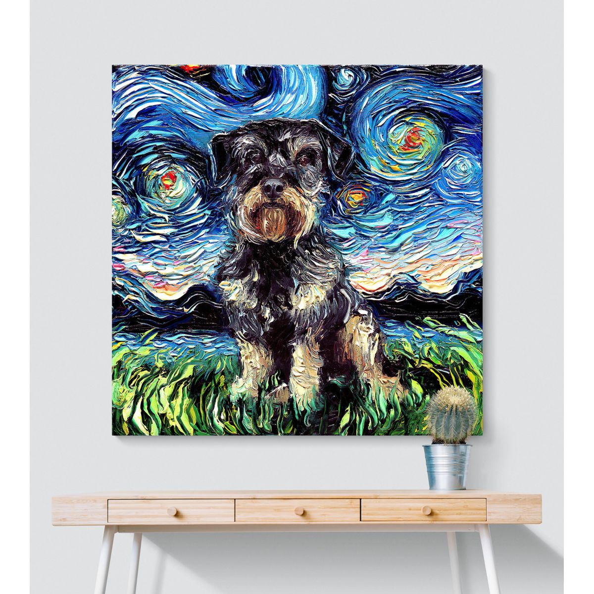 TAYRONA STORE - Cuadro Lienzo Habitacion Noche Estrellada Perro Schnoodle Night 60x60cm