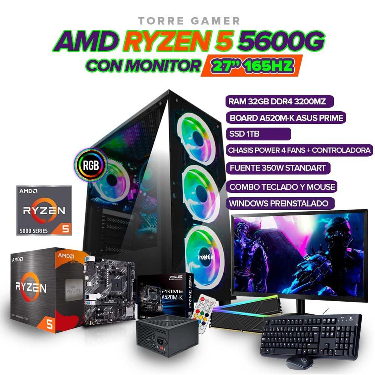 AMD - TORRE GAMER RYZEN 5 5600G/32GB RAM/ 1TB SSD/BOARD A520M-K MONITOR 27" FHD165Hz