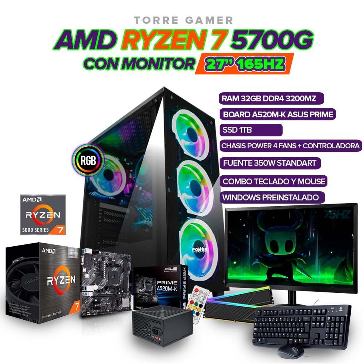 AMD - TORRE GAMER RYZEN 7 5700G/32GB RAM/ 1TB SSD/BOARD A520M-K MONITOR 27" FHD180Hz