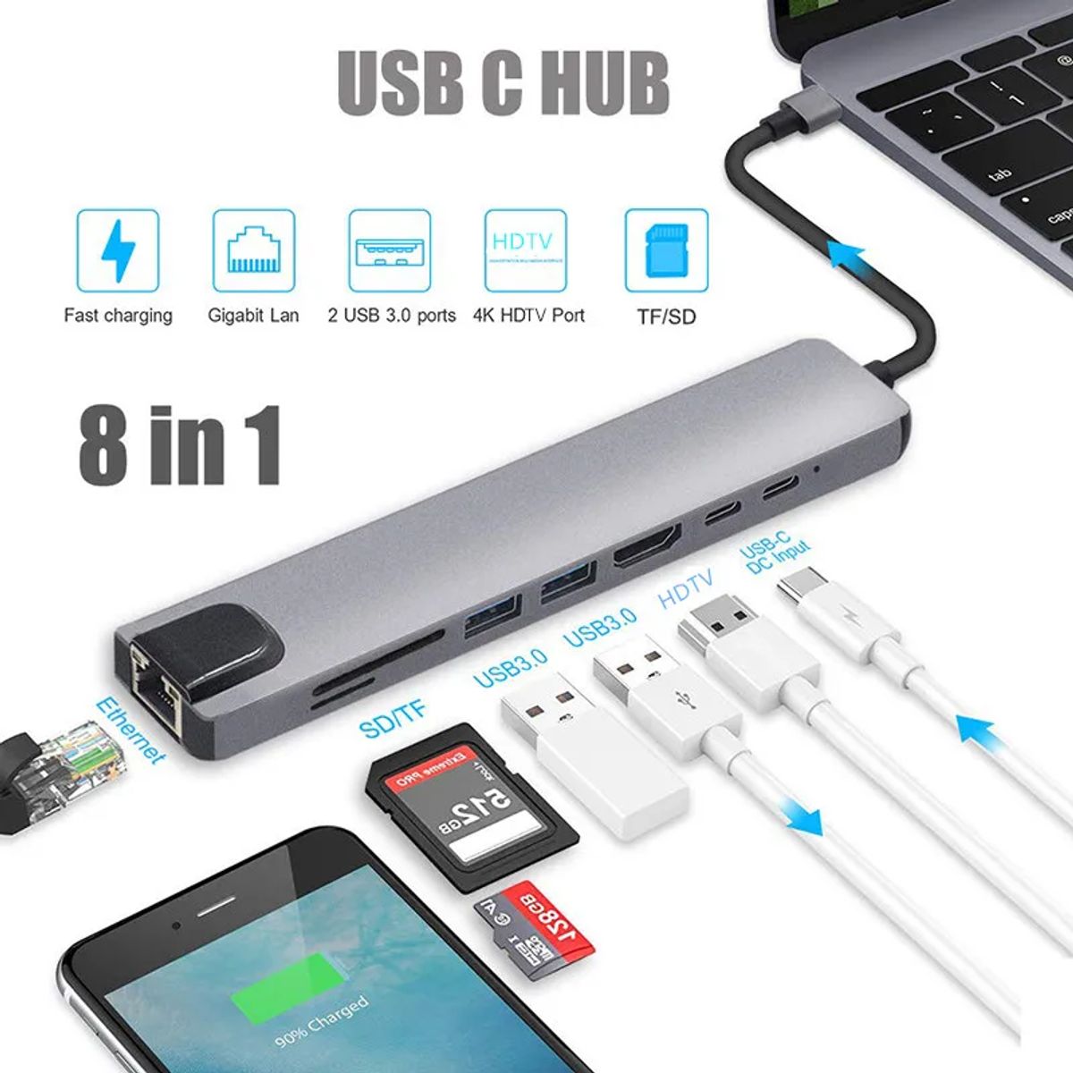 GENERICO - HUB A Tipo C Multipuerto Adaptador 8 en 1  Macbook Windows3.0