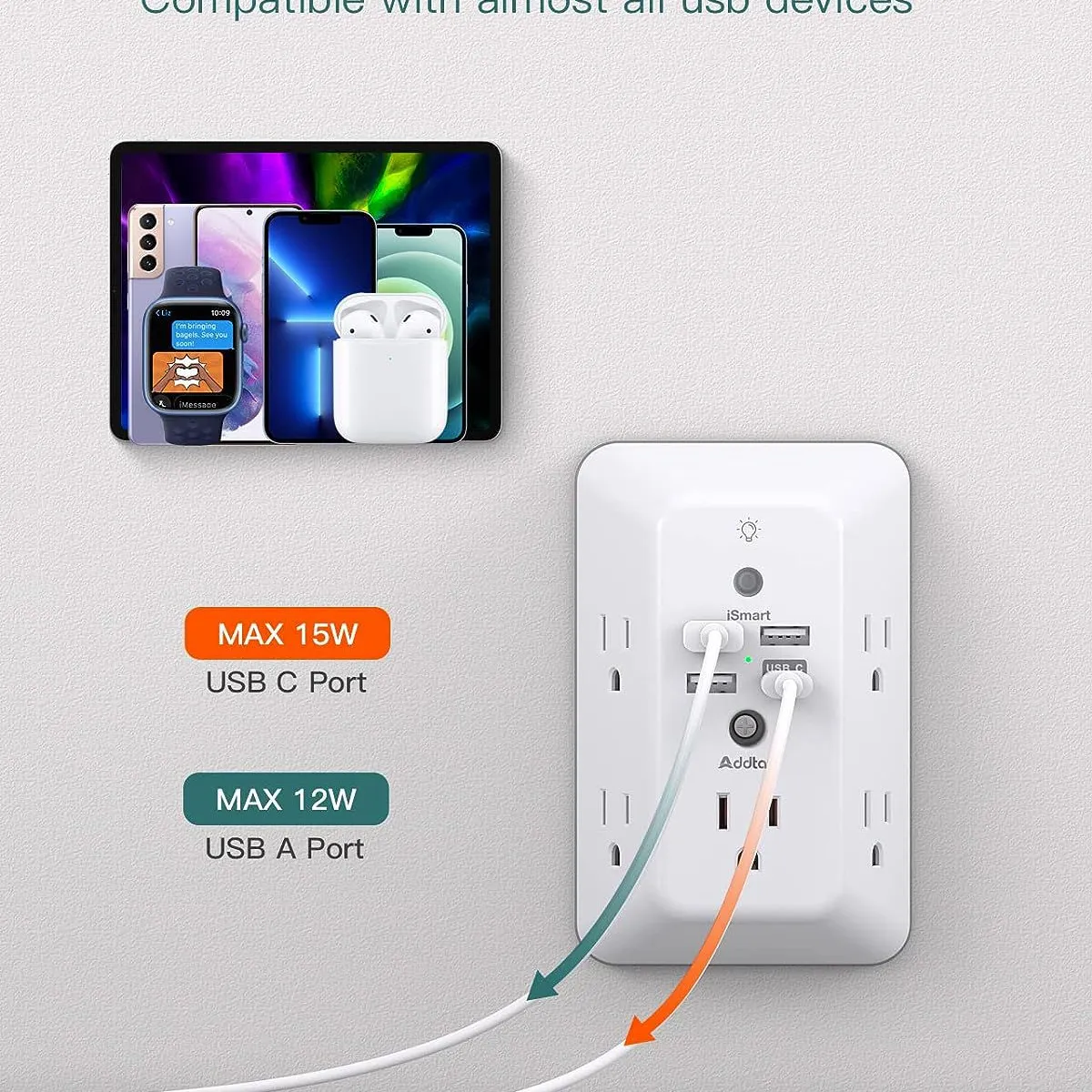 GENERICO - Multitomas Con Luz Nocturna 5 Tomacorrientes Y 4 Puertos Usb