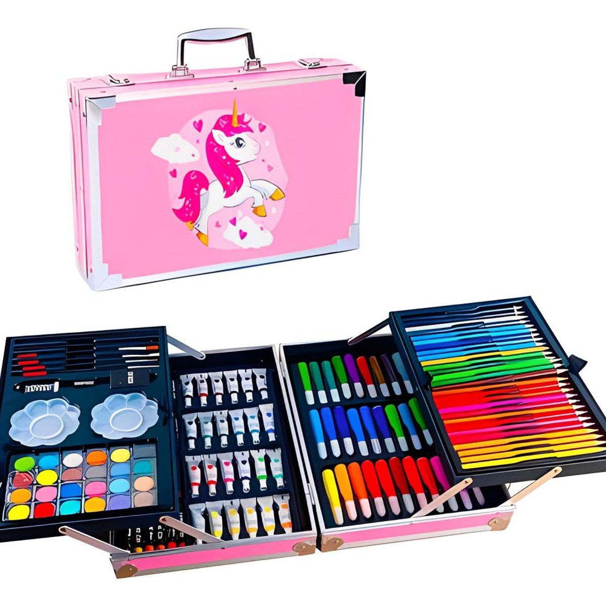GENERICO - Set Kit Creativo Arte Dibujo Maleta Metálica X 145pcs ROSADO