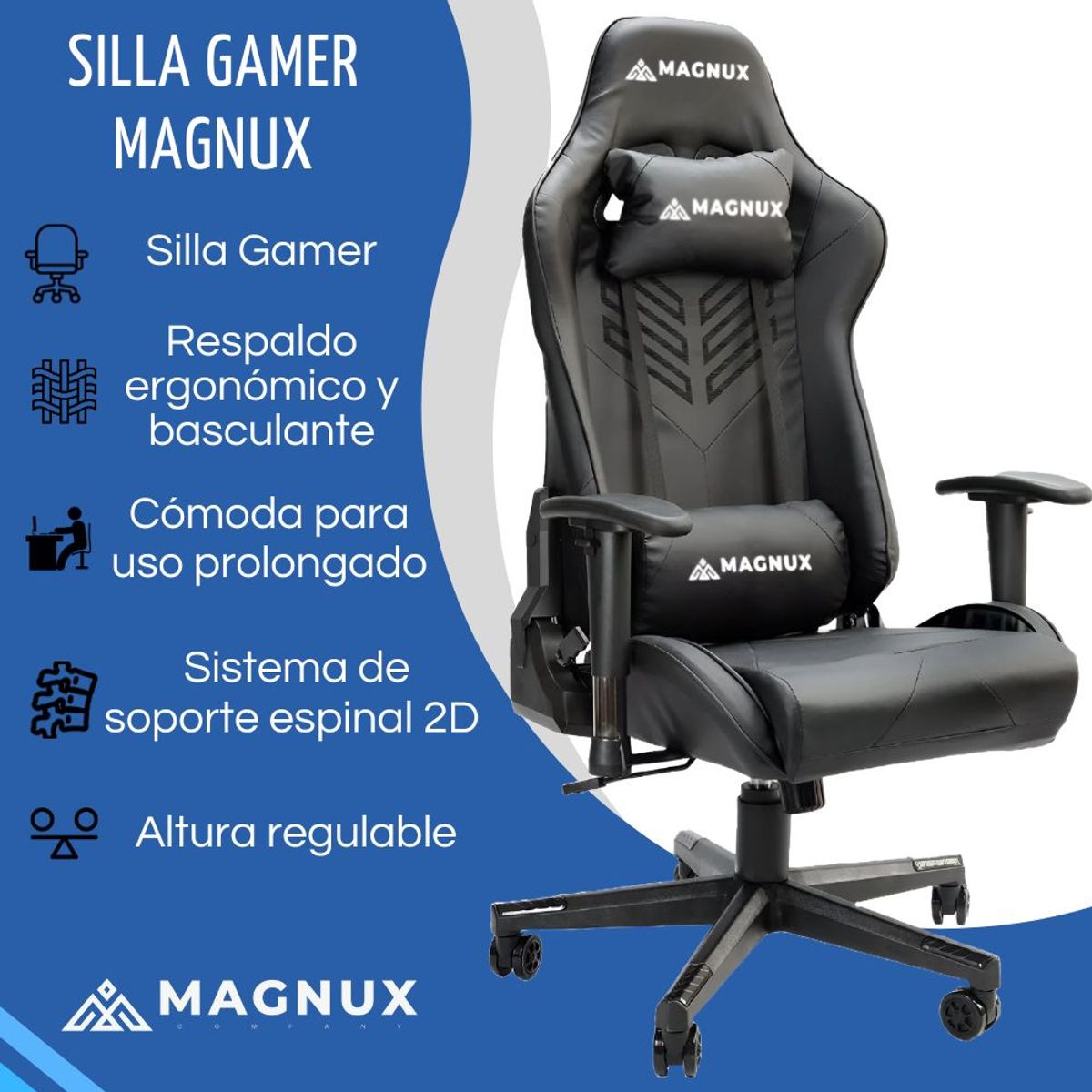 MAGNUX COMPANY - Silla Gamer Ergonomica Ajustable 180° Pc Gaming Tapizado Cuero Magnux