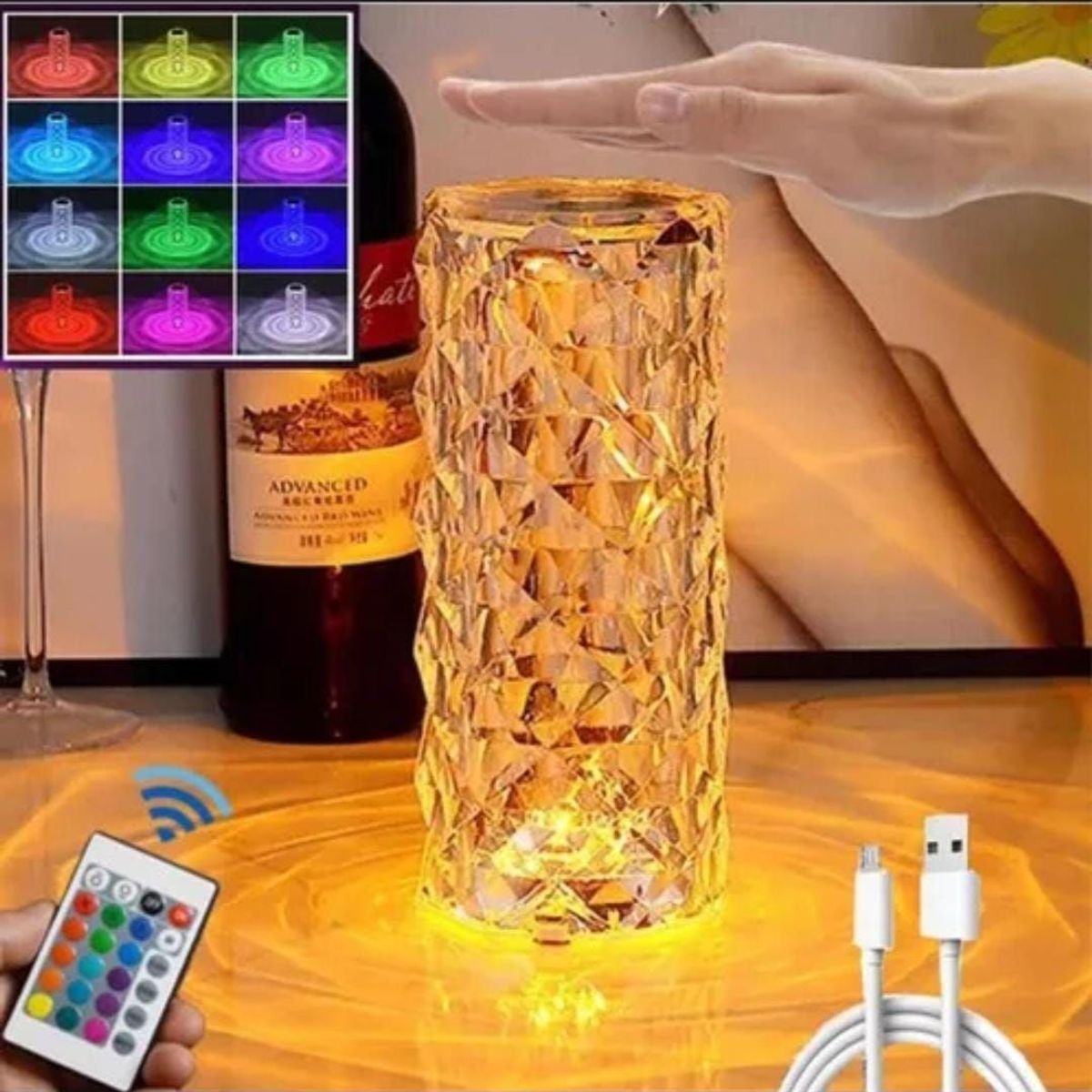 INFANTILES CAJUROMIX - Lampara Cristal Diamante Colores Táctil Recargable