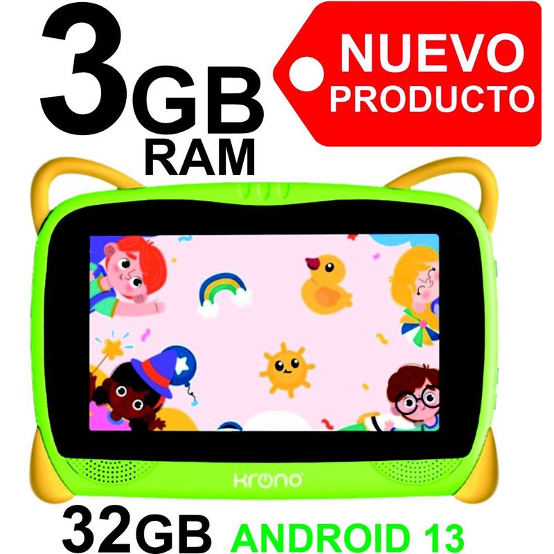 KRONO - Tablet Niños 3GB RAM Android 13 32GB Wifi VERDE