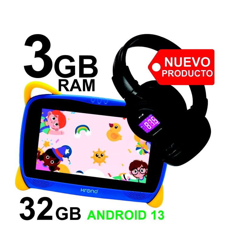 KRONO - Tablet Niños 3GB RAM Android 13 32GB Wifi AZUL+ DIADEMA