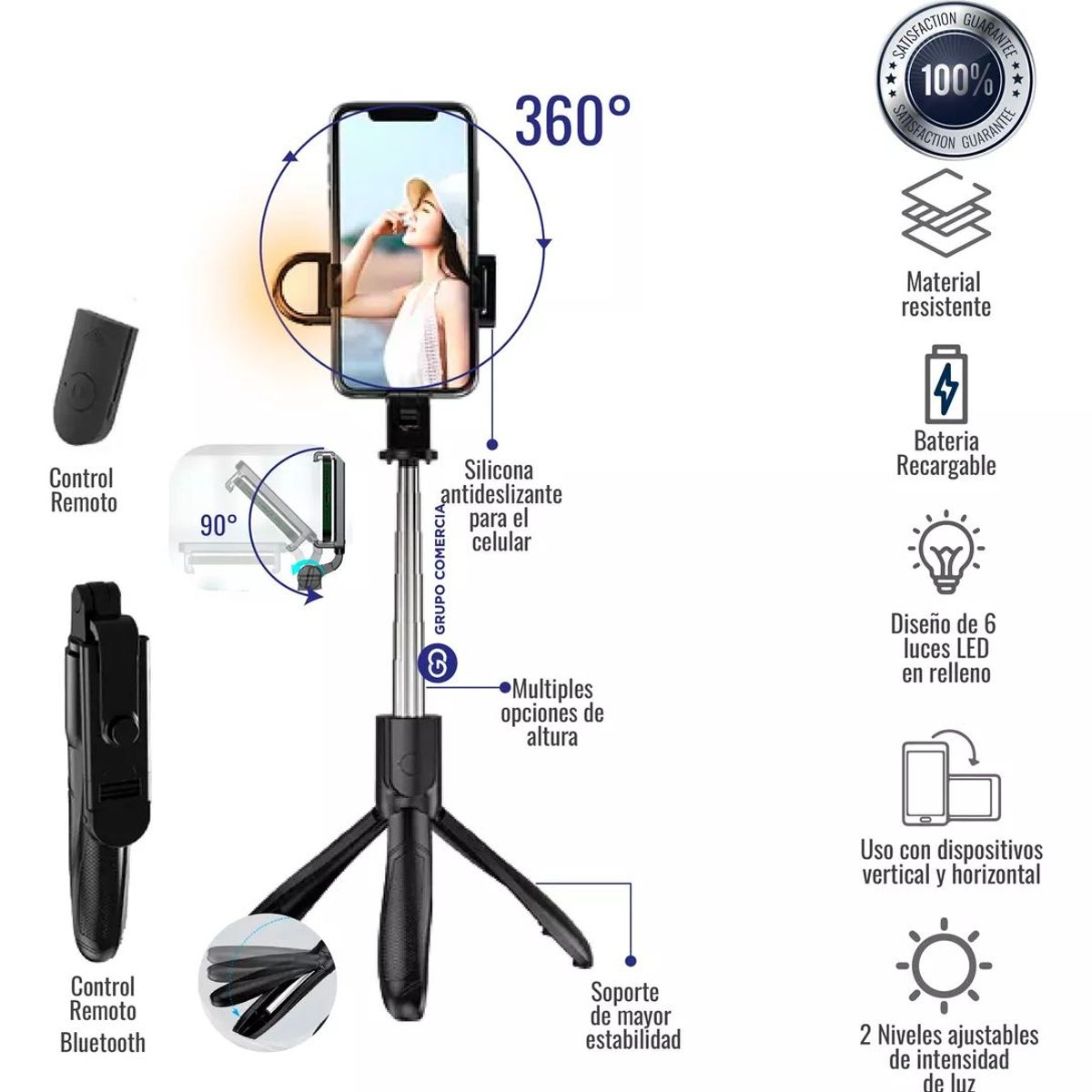 GREEN HANSHENG - Palo Selfie Trípode Con Luz Control Remoto 360 K22s