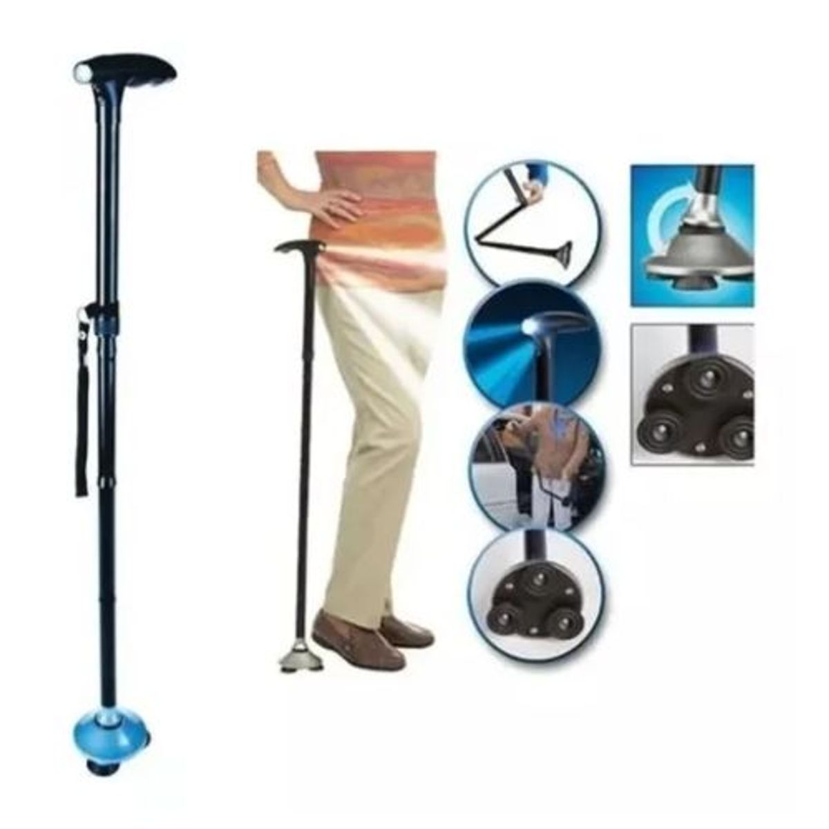 AFM - Bastón  Para Caminar Plegable Con Luz Led Base Articulada