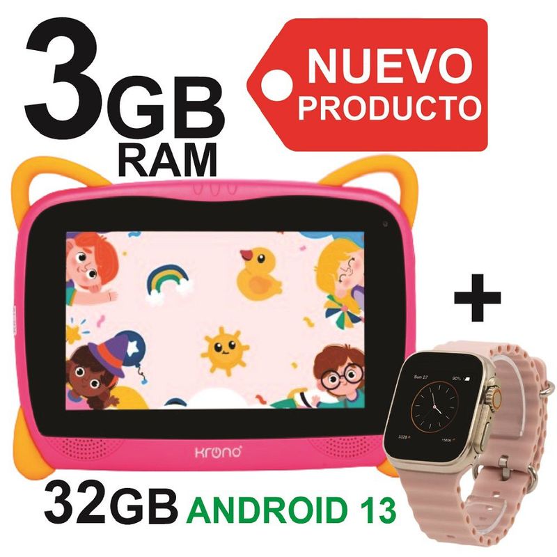 KRONO - Tablet Niños 3GB RAM Android 13 32GB Wifi + Reloj Rosado