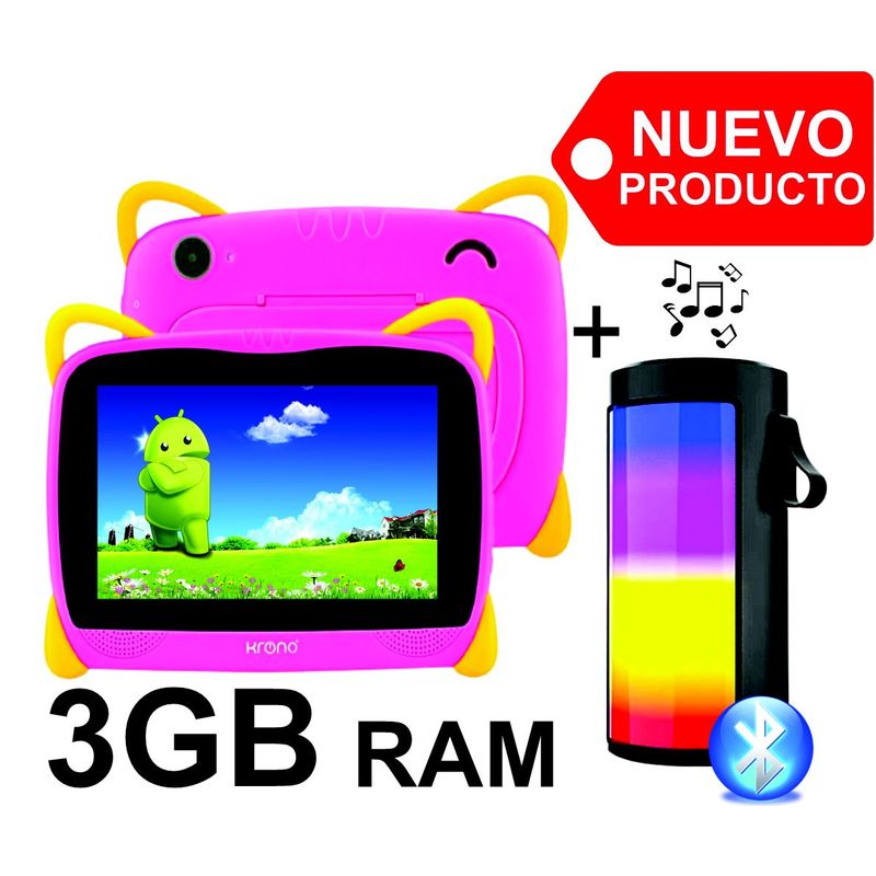 KRONO - Tablet Niños 3GB RAM Android 11 Wifi + 32GB 7 Pulgadas + Parlante Rosado