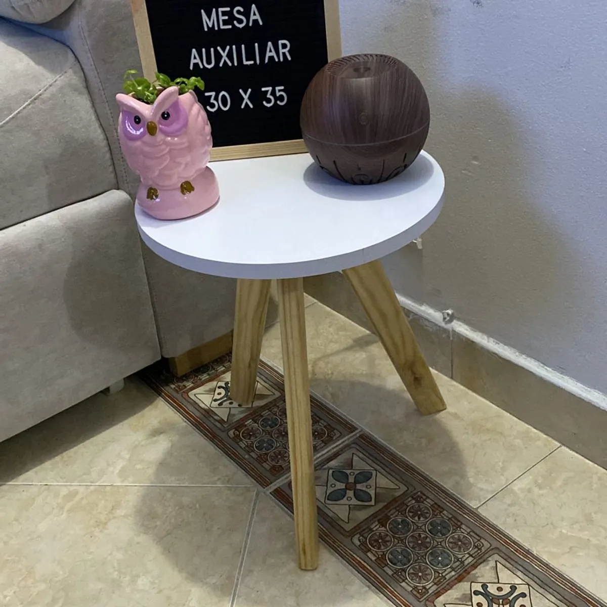 GENERICO - Mesa Auxiliar Centro Circular Pequeña Blanco Estilo Nórdico 30x35 cm