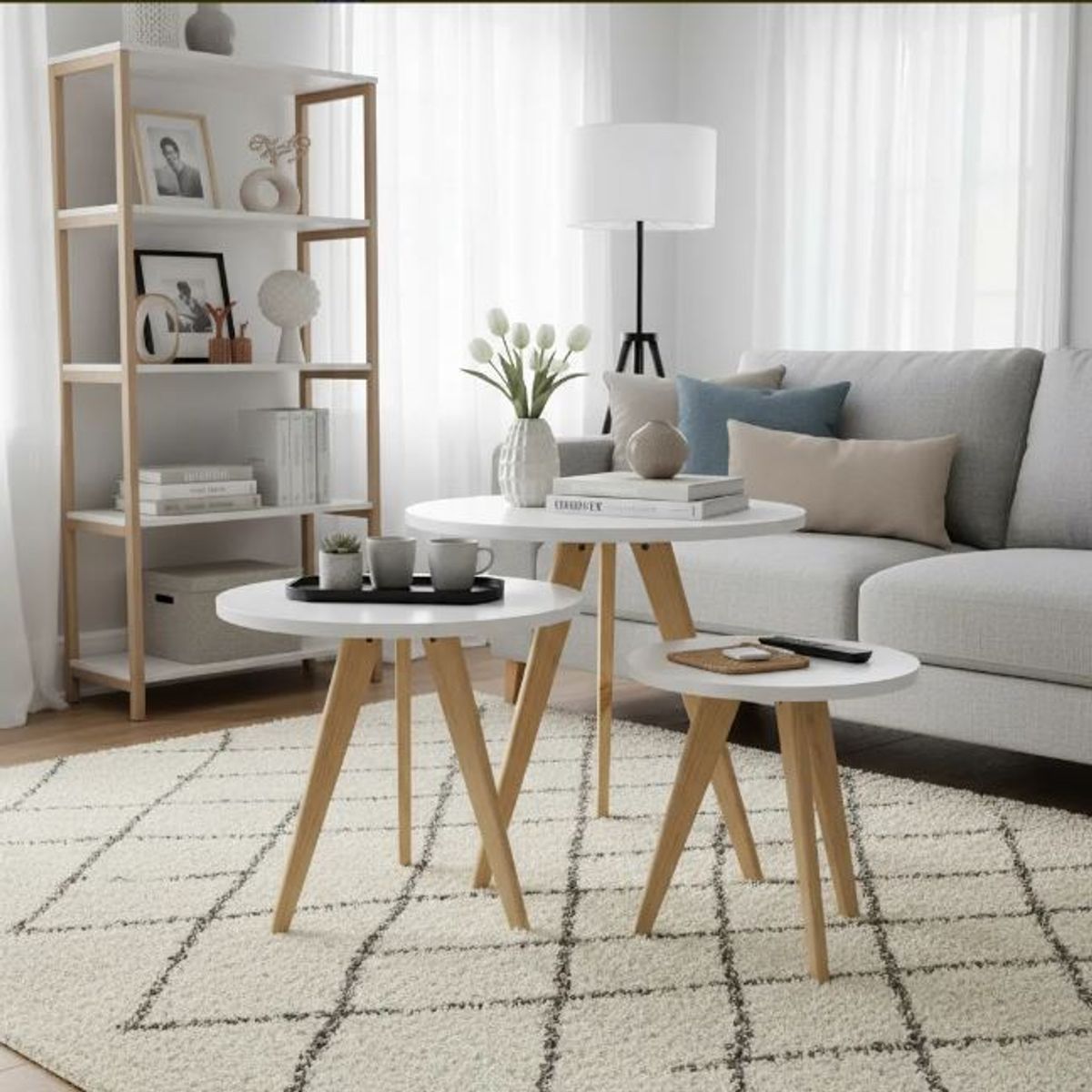 GENERICO - Mesa Auxiliar Centro set x 3 Circular Blanco Estilo Nórdico