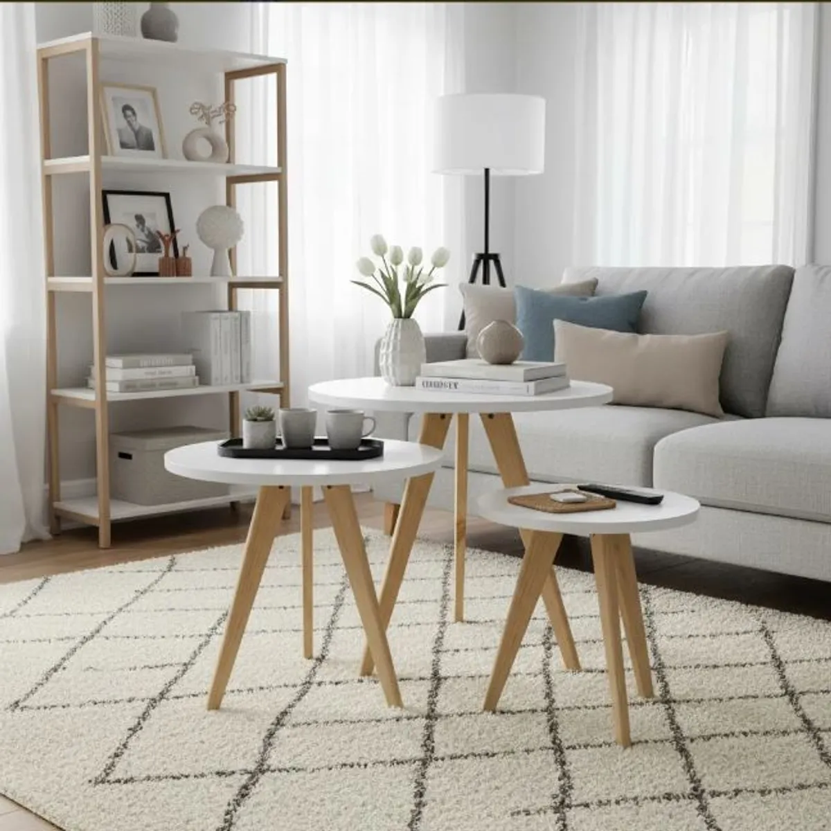 GENERICO - Mesa Auxiliar Centro set x 3 Circular Blanco Estilo Nórdico