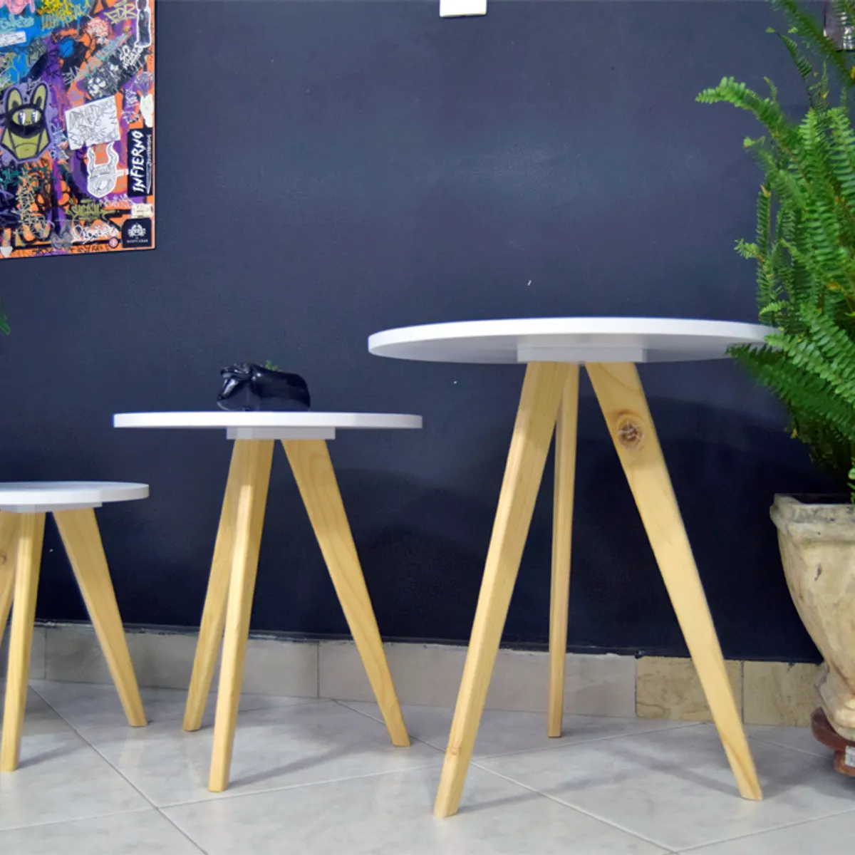 GENERICO - Mesa Auxiliar Centro set x 3 Circular Blanco Estilo Nórdico