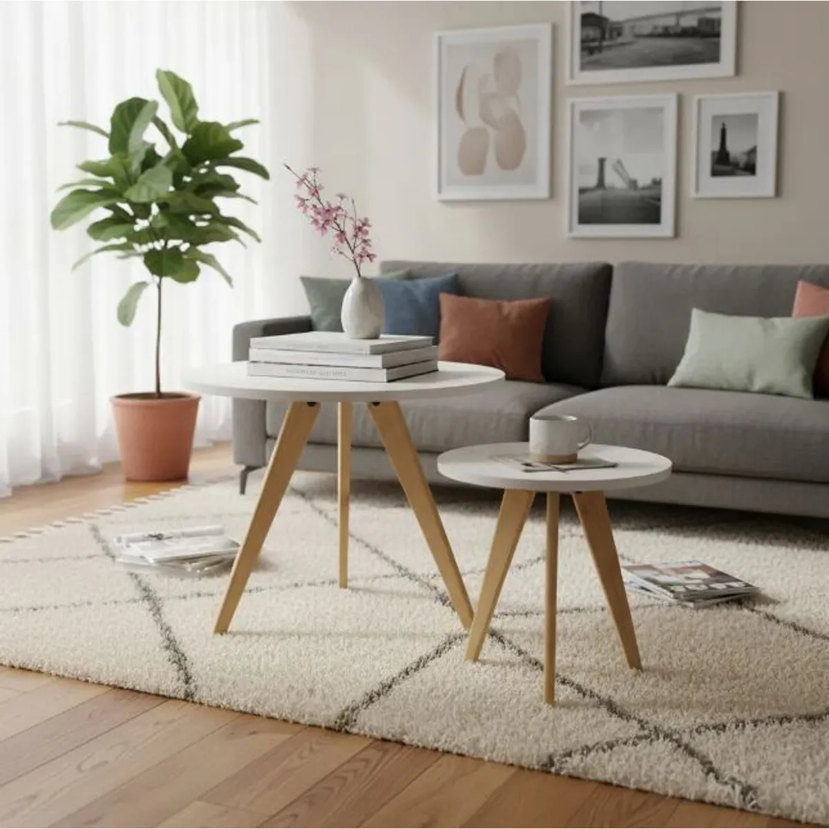 GENERICO - Mesa Auxiliar Centro set x 2 Circular Blanco Estilo Nórdico