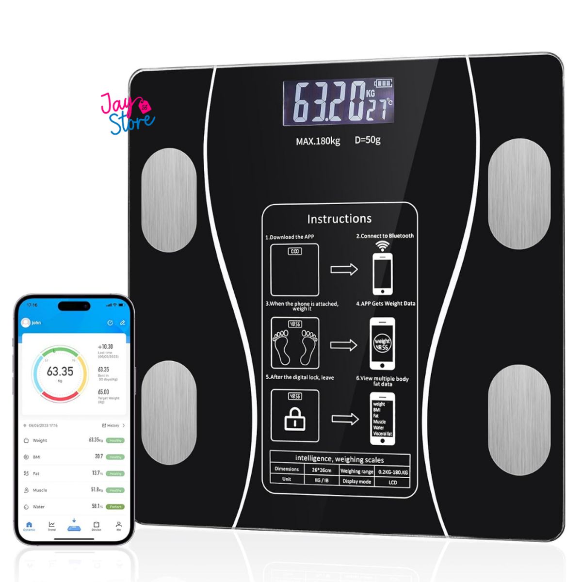 JAYSTORE - Balanza Corporal Digital Bluetooth Báscula Inteligente 180kg