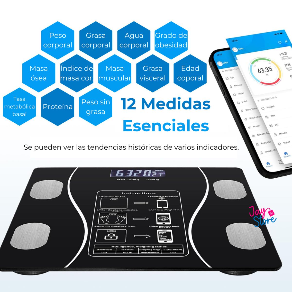 JAYSTORE - Balanza Corporal Digital Bluetooth Báscula Inteligente 180kg