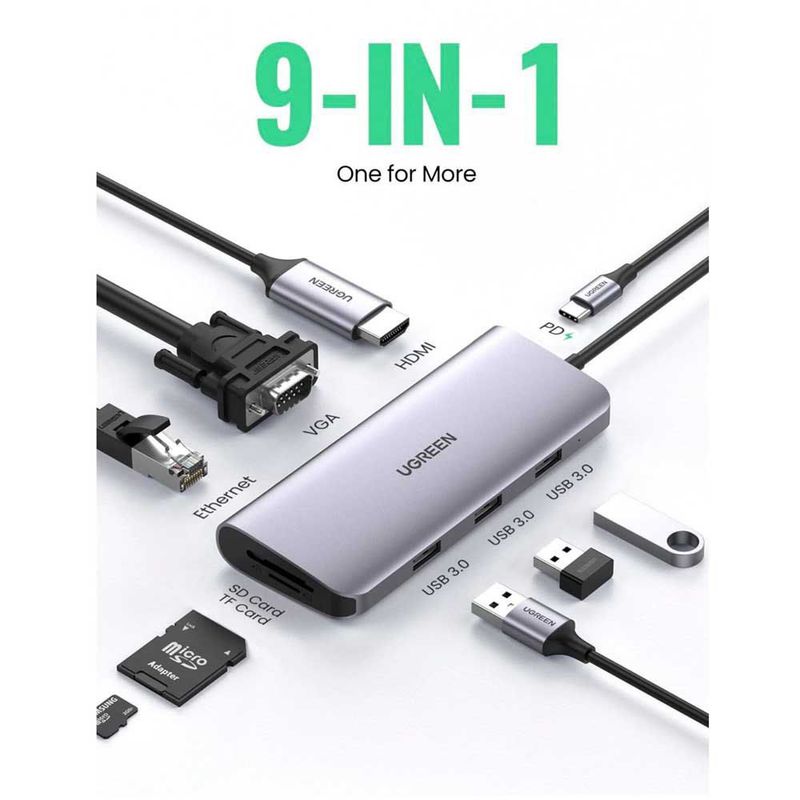UGREEN - Adaptador Multipuerto Usb C Hub 9 En 1 Hdmi
