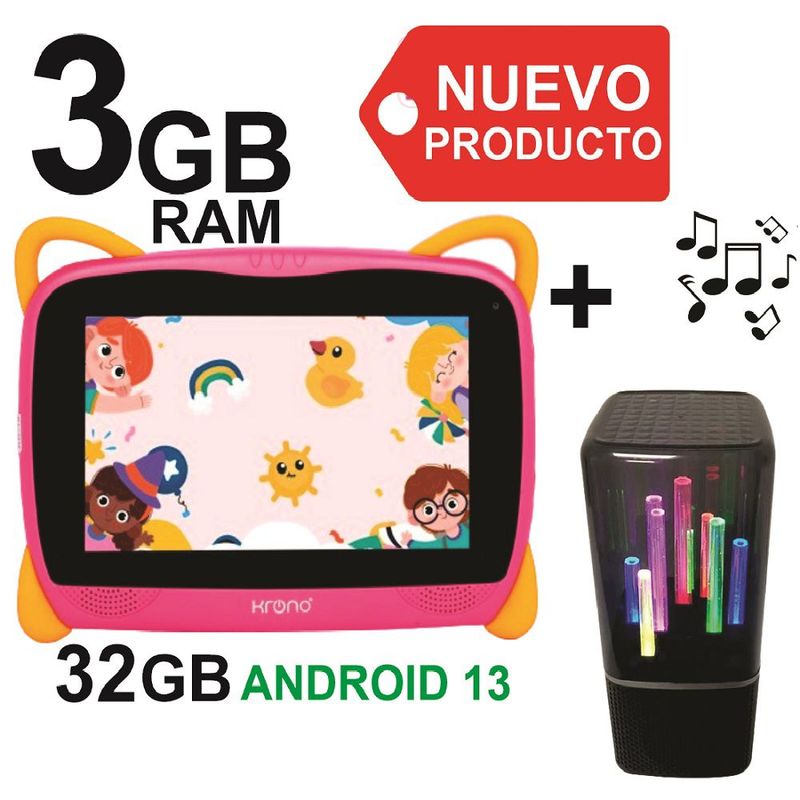 KRONO - Tablet Niños 3GB RAM Android Wifi + 32GB 7 Pulgadas + Parlante BT Rosado