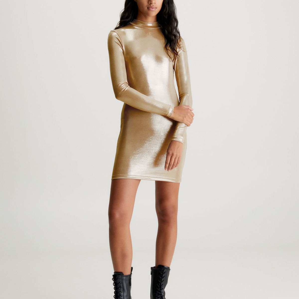 CALVIN KLEIN - Vestido Dorado Corto Metálico Con Mangas Largas Calvin Klein