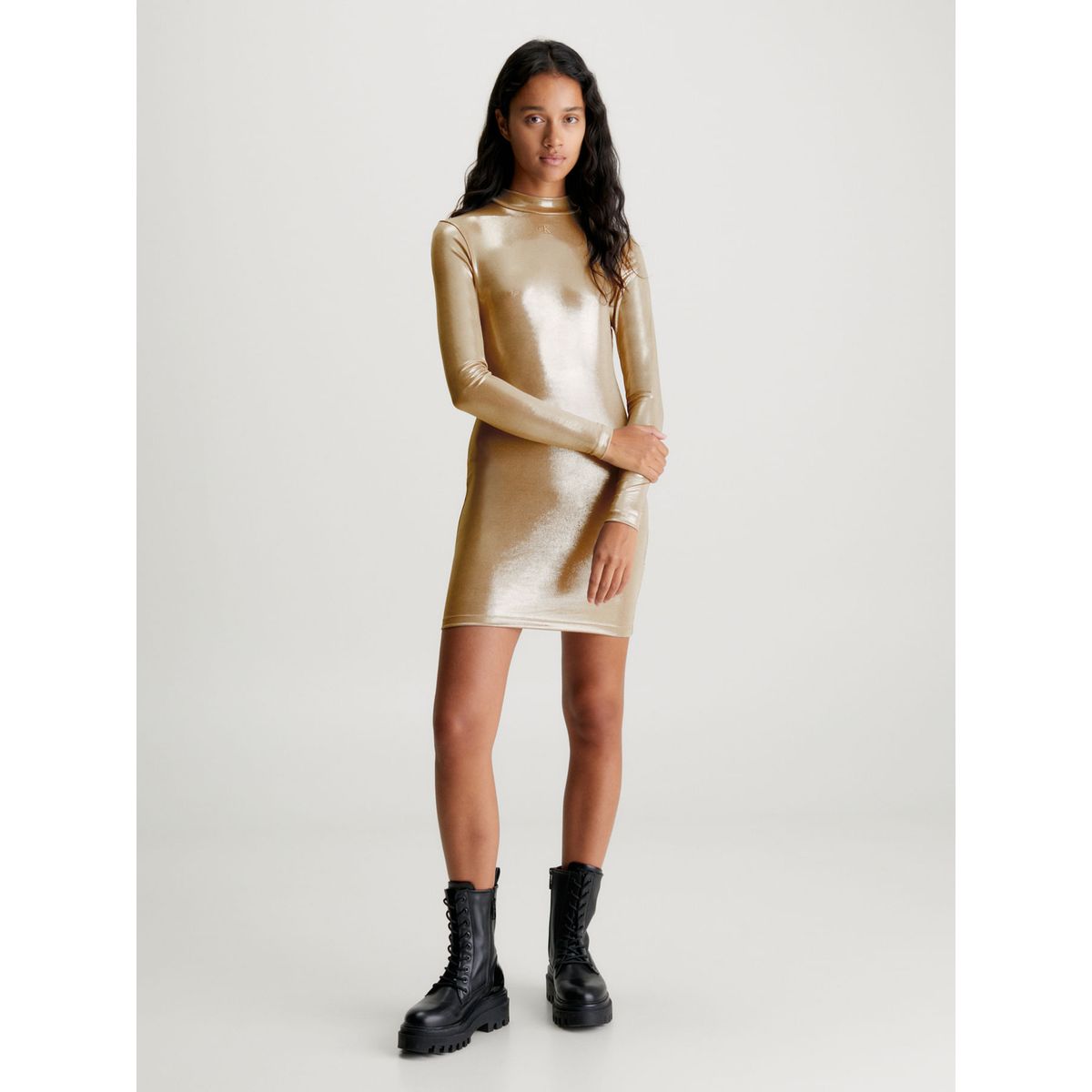 CALVIN KLEIN - Vestido Dorado Corto Metálico Con Mangas Largas Calvin Klein