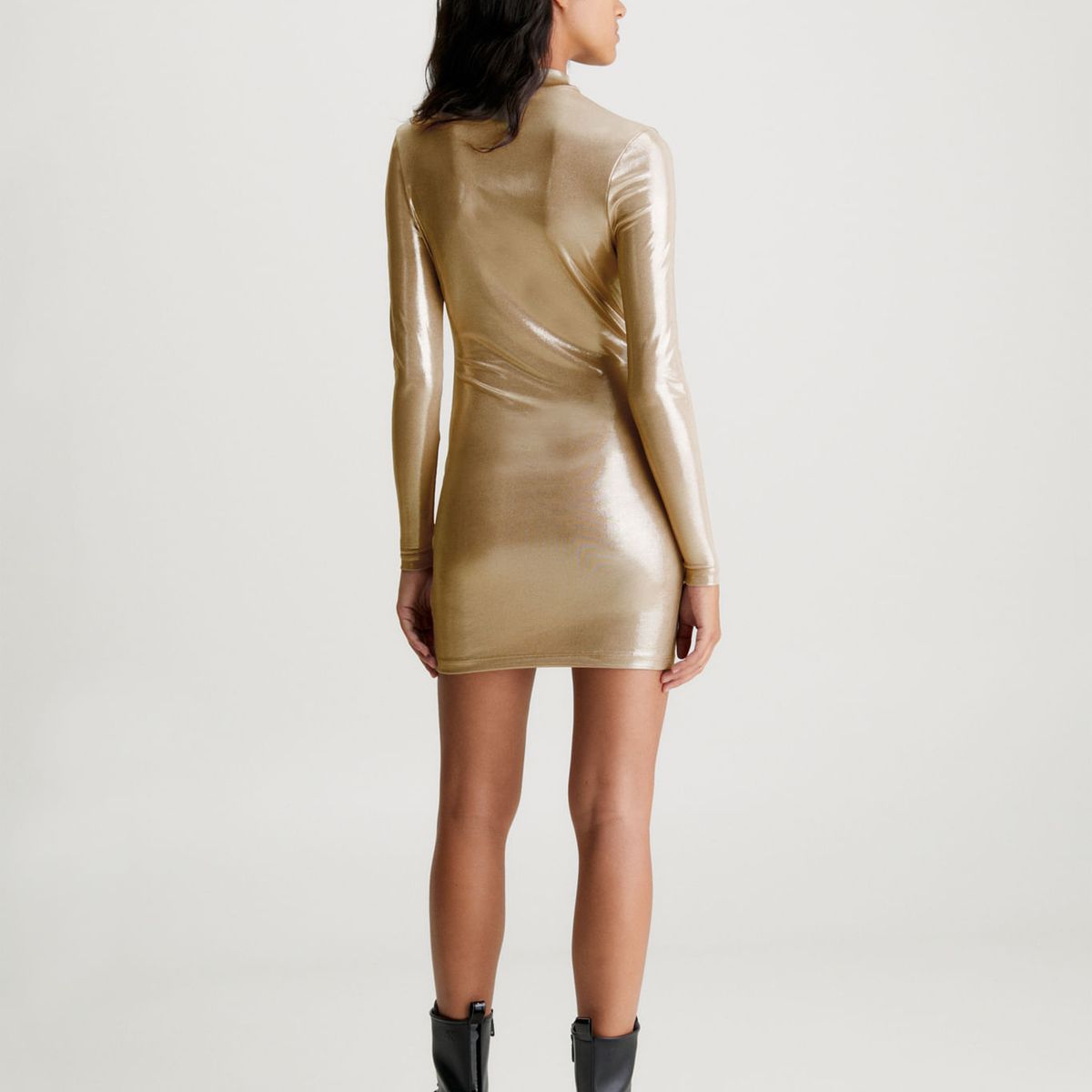 CALVIN KLEIN - Vestido Dorado Corto Metálico Con Mangas Largas Calvin Klein