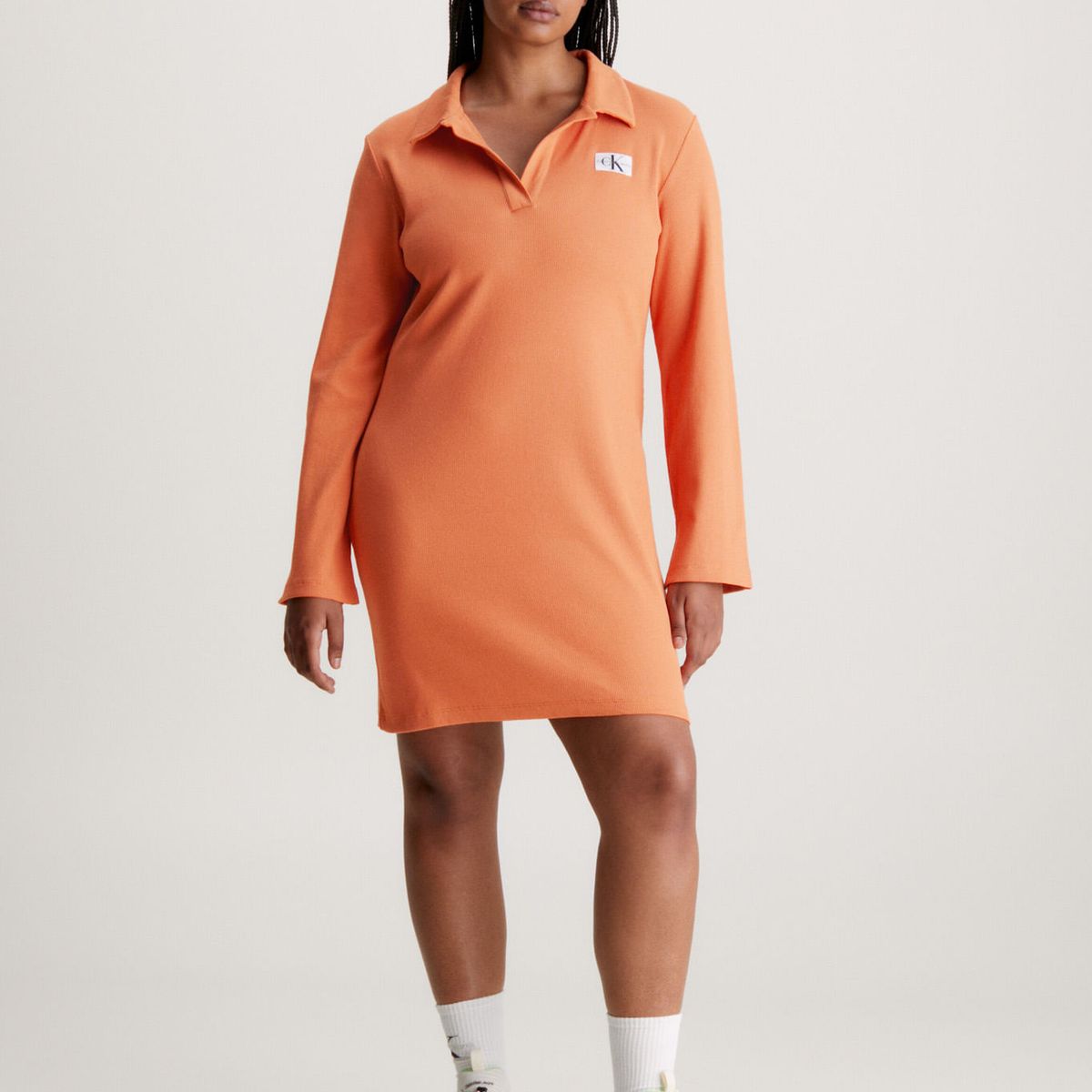 CALVIN KLEIN - Minivestido De Canalé Con Cuello Abierto Mujer Naranja Calvin Klein
