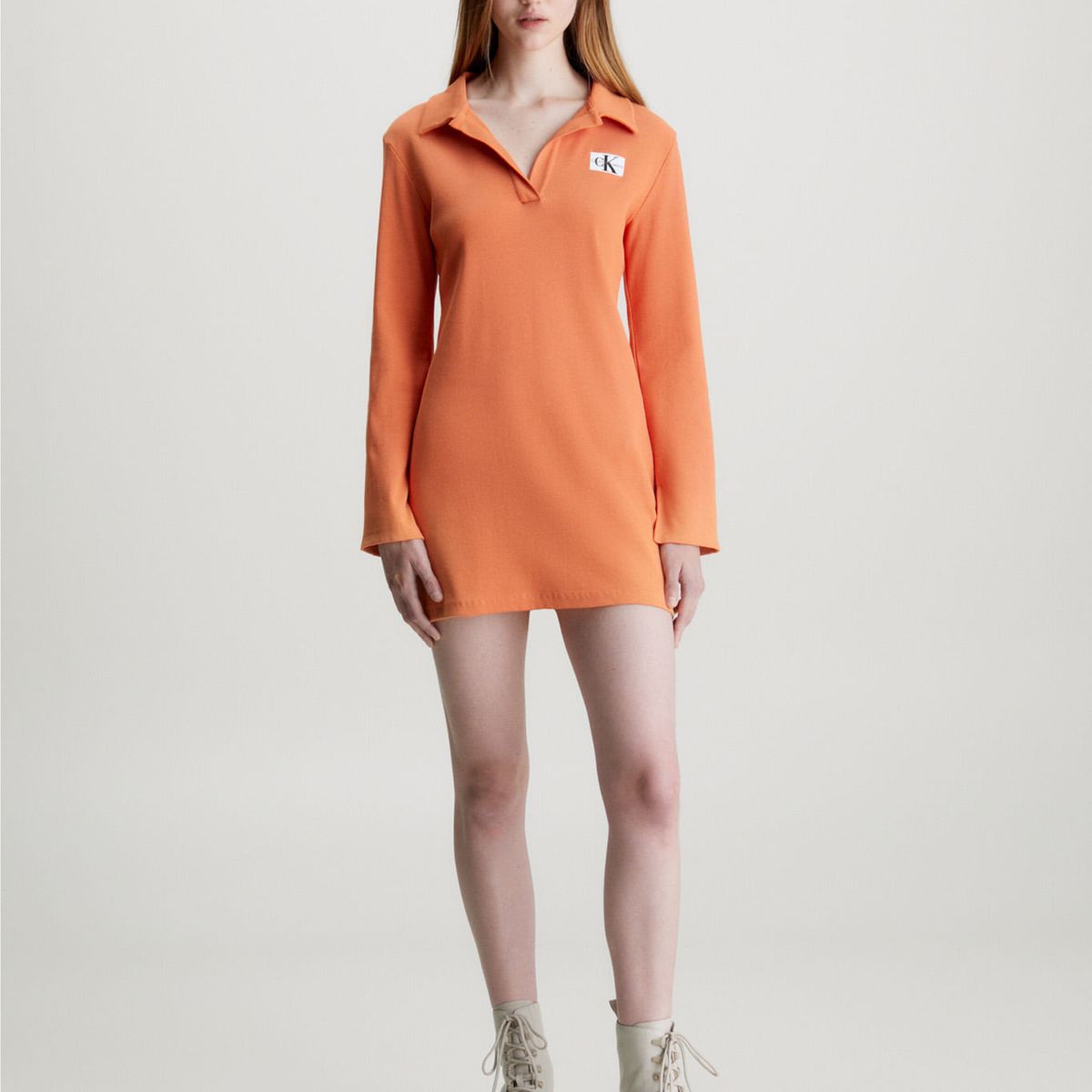 CALVIN KLEIN - Minivestido De Canalé Con Cuello Abierto Mujer Naranja Calvin Klein