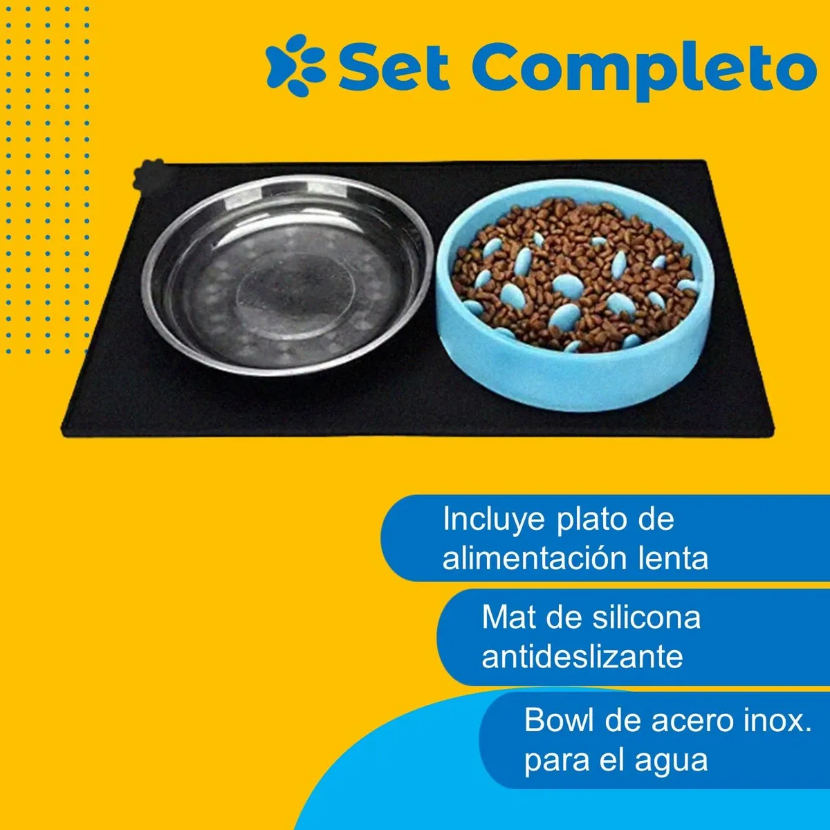 PETPAL - Plato Comida Perro Mascota Set PetPal Set Bebedero + Tapete - Azul-