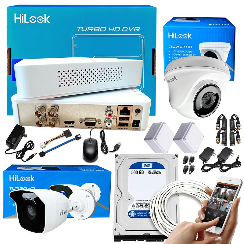 HILOOK - KIT HIKVISION HILOOK DVR 4CH 1080P + 2 CÁMARAS DE SEGURIDAD CCTV + DISCO 500GB