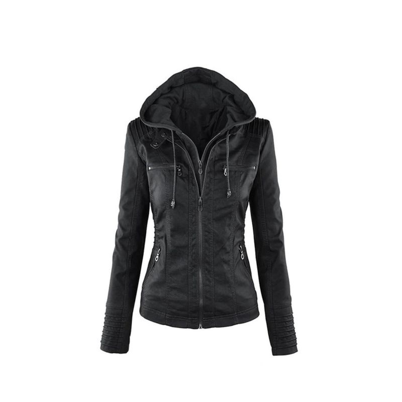 UBMD - Chaqueta Mujer Cuero PU Gruesa Capota Motocicleta 2287 Negro