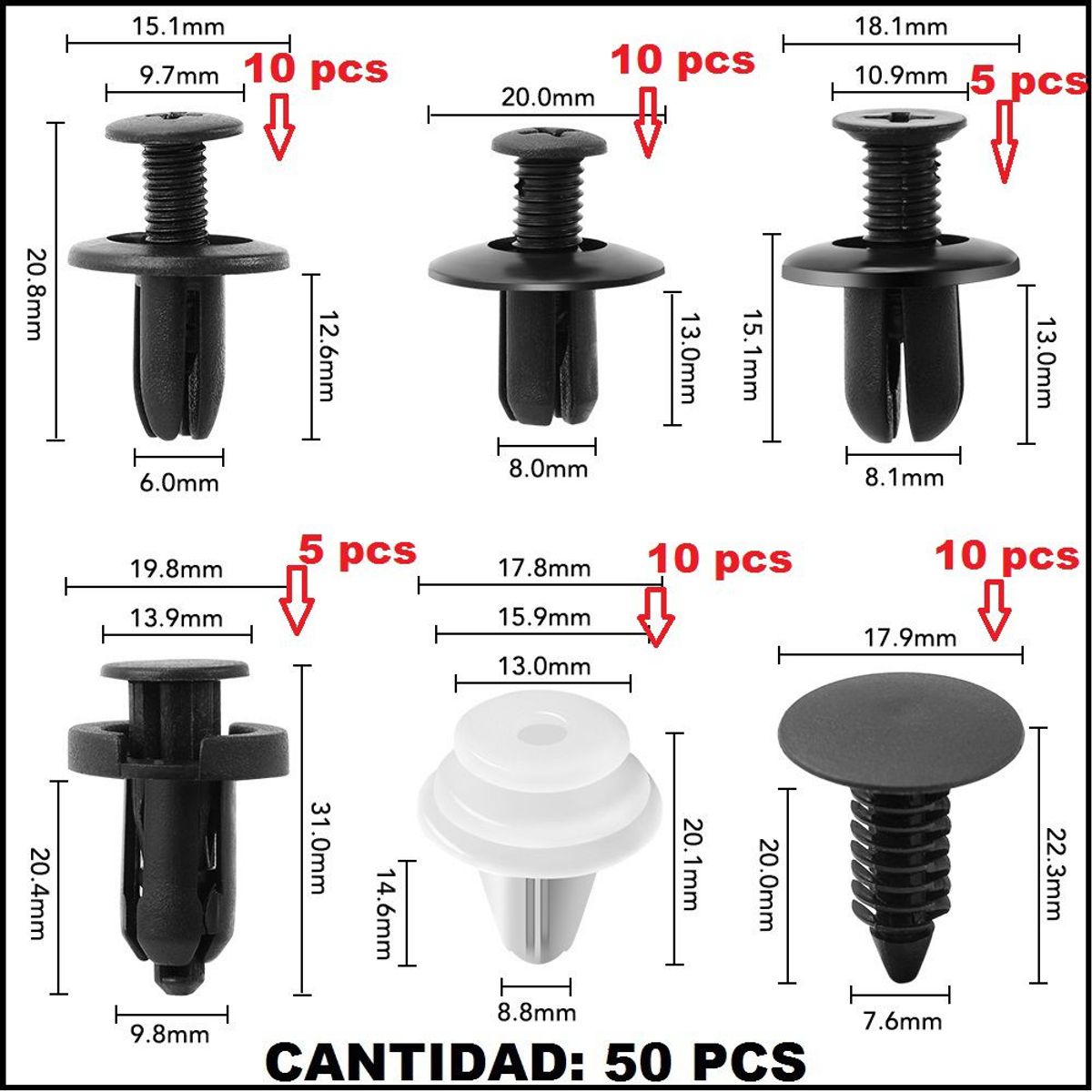 GENERICO - pines broches clips topes para vehiculo de 50 unidades