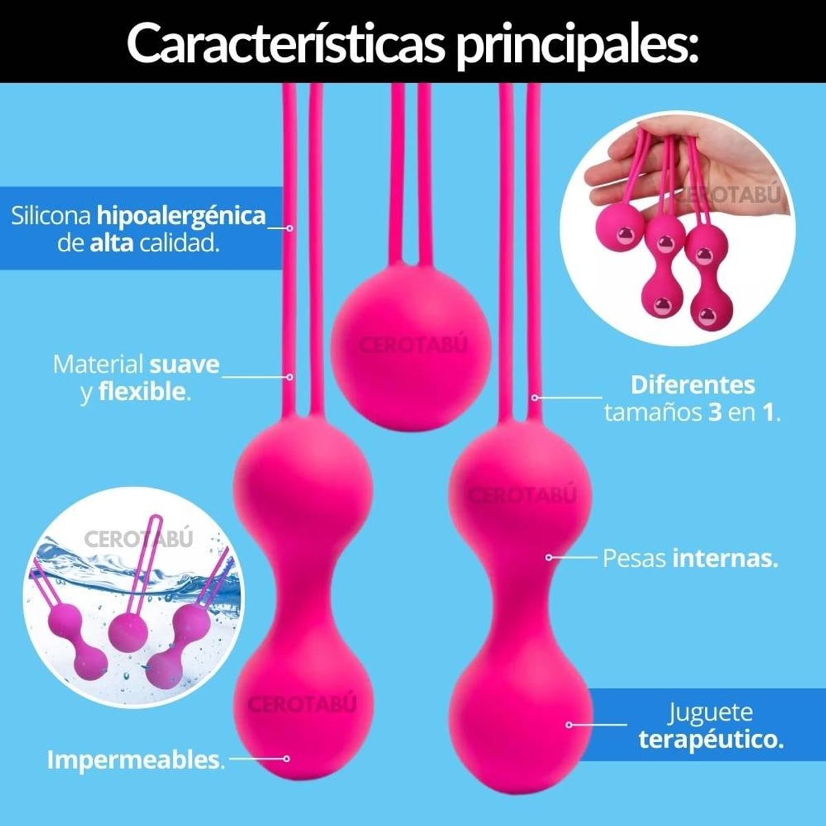 GENERICO - Kit 3 Bolas Vaginales Kegel Con Peso Silicona Médica Fucsia