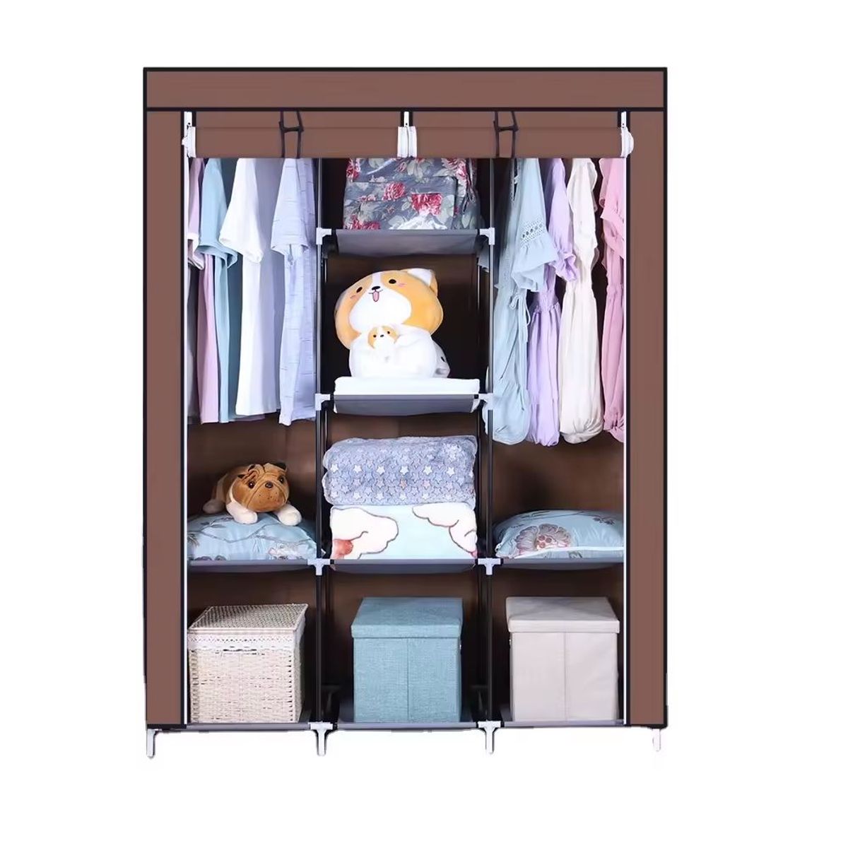 KIDSHOP - Closet Ropero Armable 3 Puertas Organizador Portatil Color Marrón