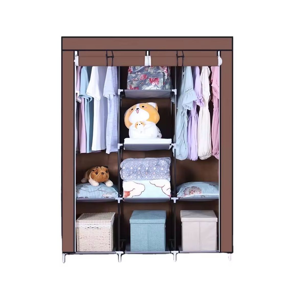 KIDSHOP - Closet Ropero Armable 3 Puertas Organizador Portatil Color Marrón
